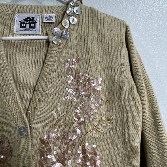 Storybook Knits Cardigan Womens S Tan Knit Embellished Beaded Floral Cottage - Picture 2 of 8